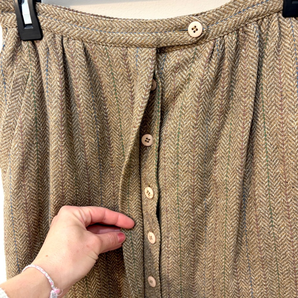 Vintage Wool Silk Pleated Button Skirt High Waste Midi Academia Preppy Tweed - Picture 3 of 10